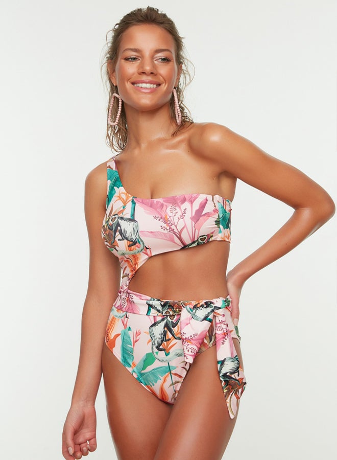 trendyol Tropical Patterned One Shoulder Cut Out/Windowed Regular Swimsuit - Image 3