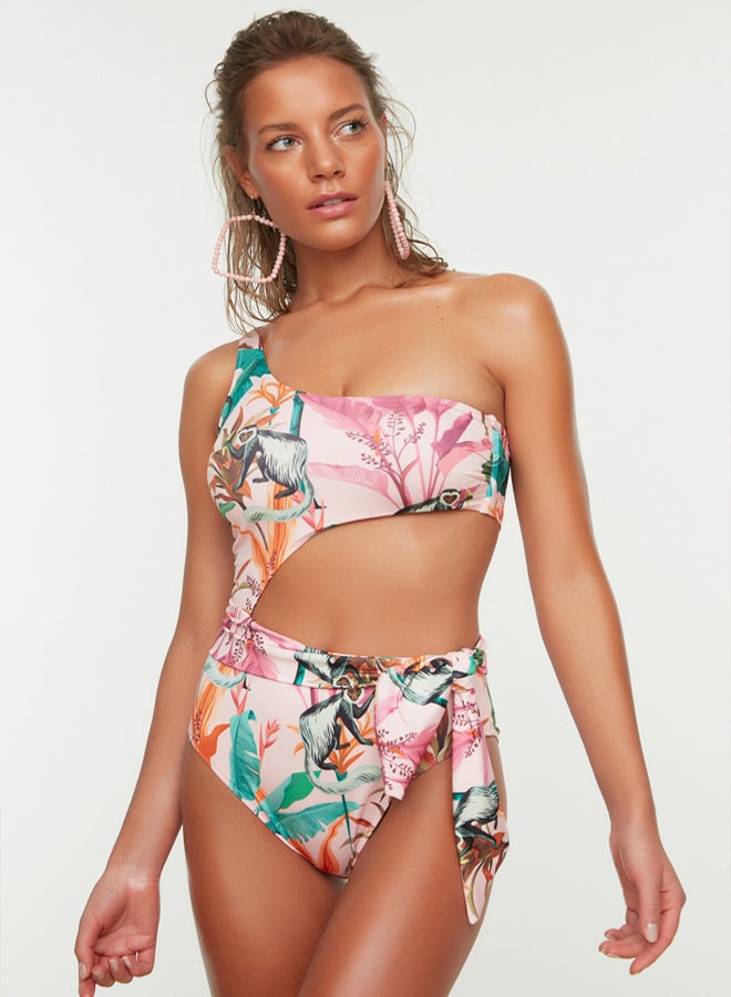 trendyol Tropical Patterned One Shoulder Cut Out/Windowed Regular Swimsuit - Image 1