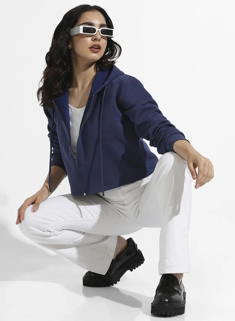 Campus Sutra Women's Black Zip-Front Bomber Jacket With Insert Pockets