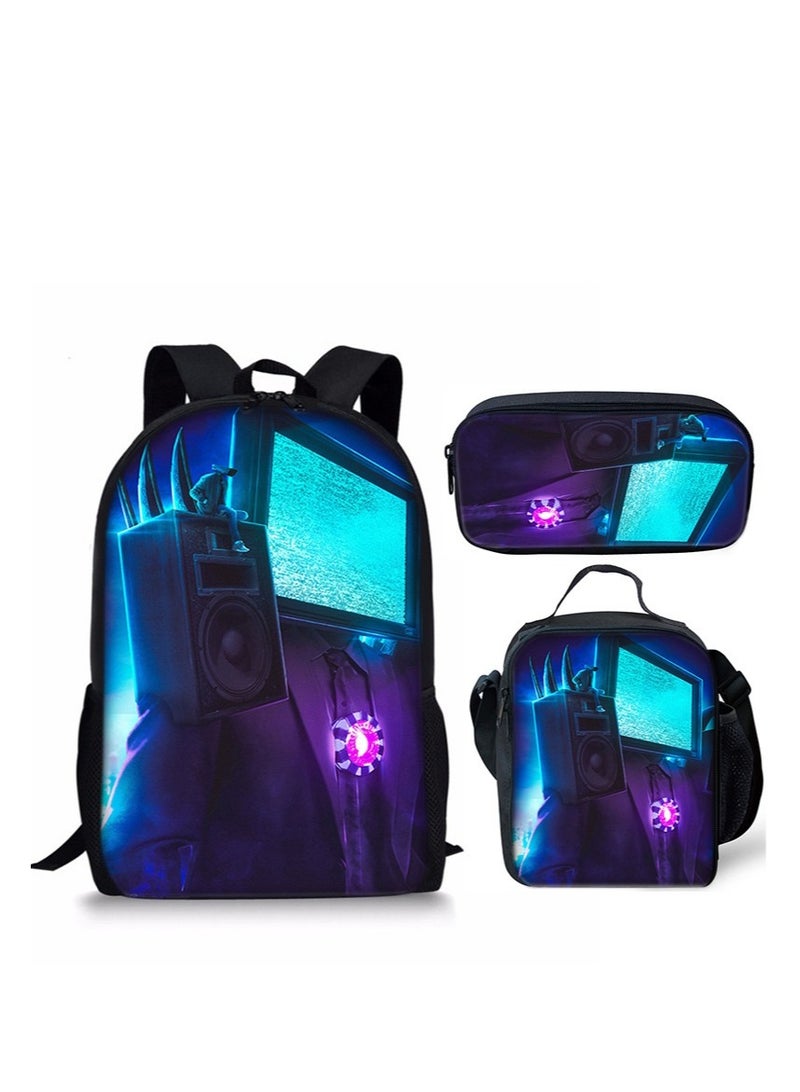 3 Piece Skibidi Toilet 3D Print Insulated Lunch Backpack Set Multicolour