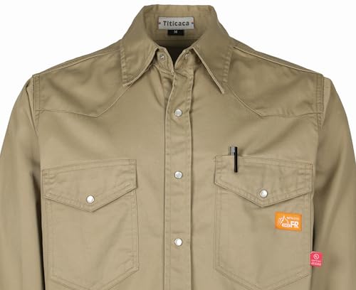 Titicaca FR Shirt for Men Pearl Snaps Flame Resistant 100% C 7.5oz Khaki Welding Shirt - Image 4