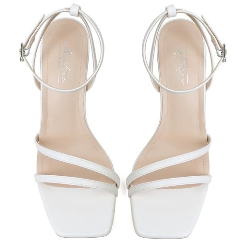 Mostrin White Heels for Women Strappy Lace Up Ankle Strap Heels Square Open Toe Stiletto High Heeled Sandals for Party, Prom, Daily Wedding Bridal Shoes Size 6.5 - Image 3