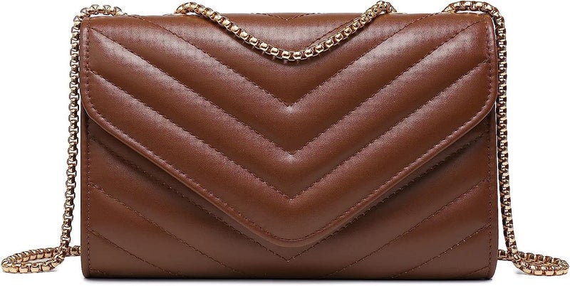 KRIFTY Women's Small Quilted Crossbody Bags Stylish Designer Evening Bag Clutch Purses And Handbags With Chain Shoulder Strap (Dark Pink) (Brown) - Image 1