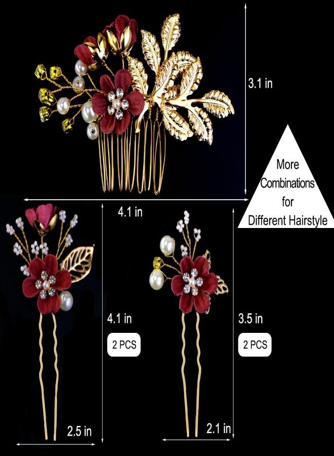 LAPOHI 5 PCS Bridal Flower Wedding Hair Pins Crystal Pearl Headpiece Gold Wedding Hair Accessories Jewelry Rhinestone for Brides Bridesmaids Women Girls Updo, Exquisite Flower Leaves&Elegant Burgundy - Image 2