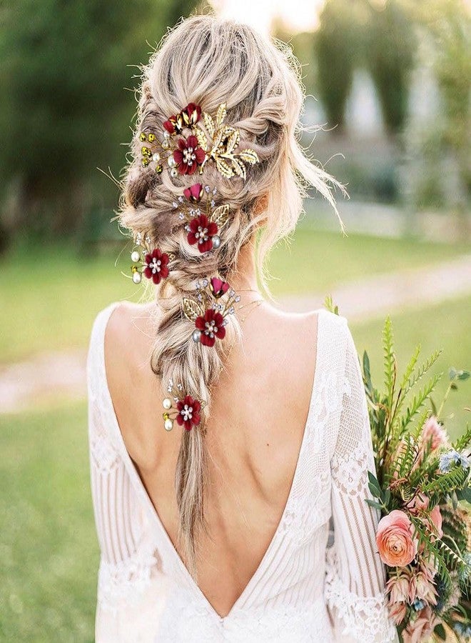 LAPOHI 5 PCS Bridal Flower Wedding Hair Pins Crystal Pearl Headpiece Gold Wedding Hair Accessories Jewelry Rhinestone for Brides Bridesmaids Women Girls Updo, Exquisite Flower Leaves&Elegant Burgundy - Image 4