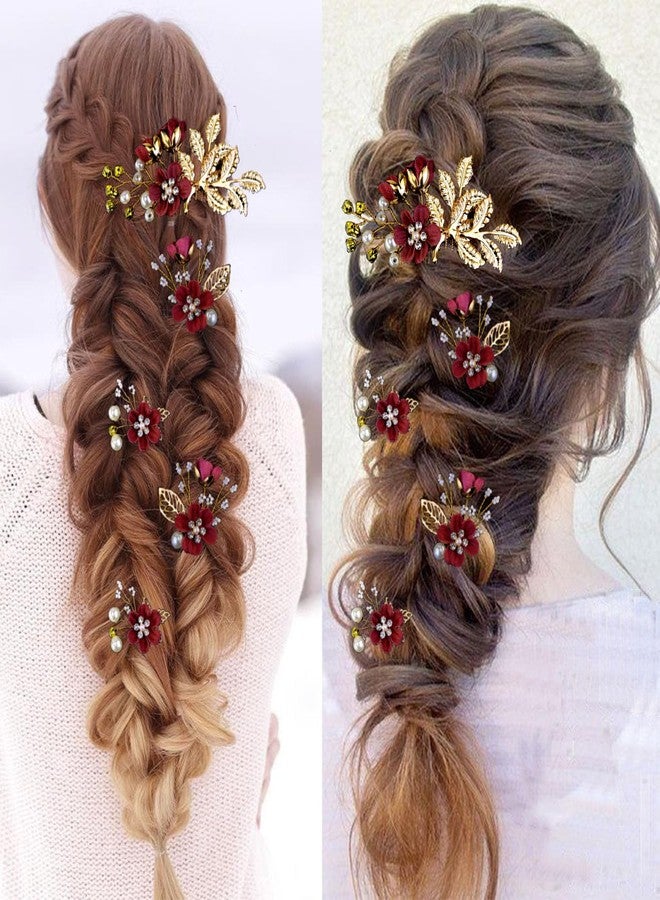 LAPOHI 5 PCS Bridal Flower Wedding Hair Pins Crystal Pearl Headpiece Gold Wedding Hair Accessories Jewelry Rhinestone for Brides Bridesmaids Women Girls Updo, Exquisite Flower Leaves&Elegant Burgundy - Image 5