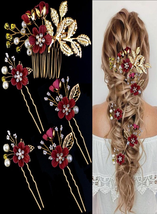 LAPOHI 5 PCS Bridal Flower Wedding Hair Pins Crystal Pearl Headpiece Gold Wedding Hair Accessories Jewelry Rhinestone for Brides Bridesmaids Women Girls Updo, Exquisite Flower Leaves&Elegant Burgundy - Image 1
