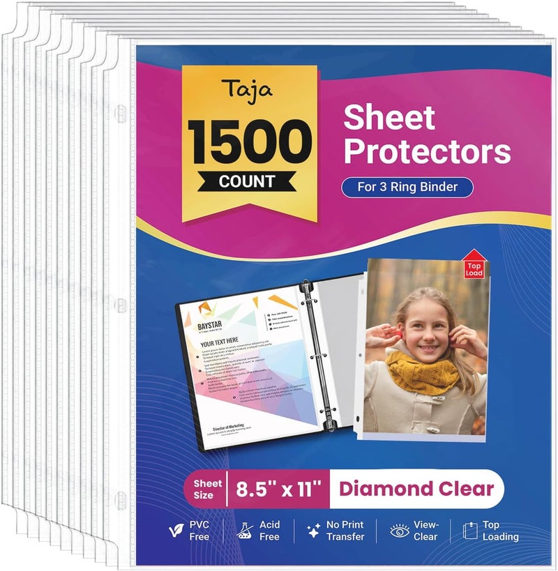 Taja Sheet Protectors for 3 Ring Binder, Clear Page Protectors Top Loading, Plastic Sleeves for Paper Letter Size 8.5" x 11", Perfect for Office, Home & School Document Storage, 1500 Pack - Image 1
