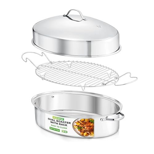 NutriChef 20 Oval Roasting Pan with Rack and Lid Premium Stainless Steel Roaster Dish w Wide Handles Removable Rack MultiUse Cookware for Turkey Chicken Stews More Dishwasher Safe