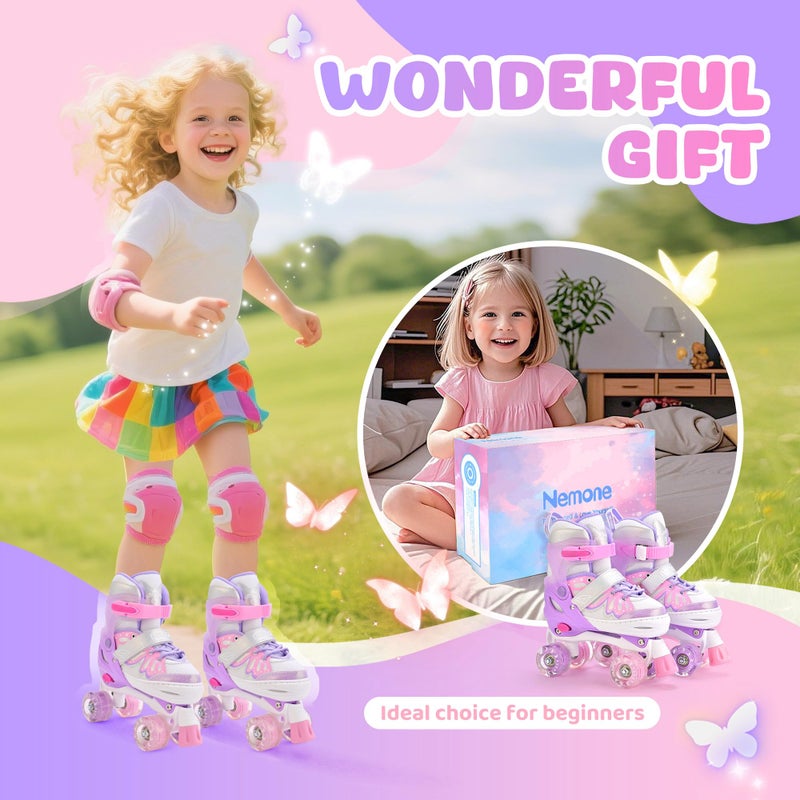 NEMONE 4 Size Adjustable Light up Roller Skates for Girls, Butterfly Roller Skates for Kids Ages 4-6 5-8 6-12 8-12, Todder Beginner Skates Indoor Outdoor Pink Purple M - Image 2