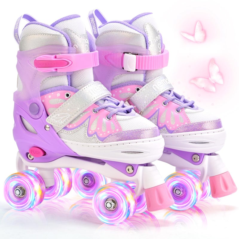 NEMONE 4 Size Adjustable Light up Roller Skates for Girls, Butterfly Roller Skates for Kids Ages 4-6 5-8 6-12 8-12, Todder Beginner Skates Indoor Outdoor Pink Purple M - Image 1