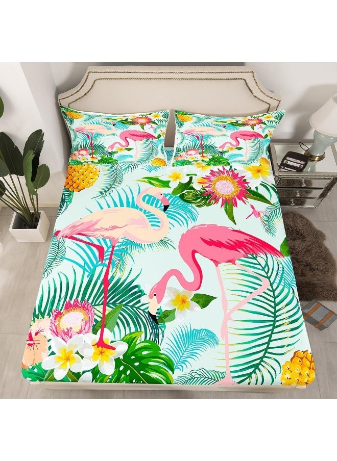 Feelyou - Feelyou Tropical Flamingo Sheets with Deep Pocket Fitted Sheet King Size, Pink Flamingo Sheet Set Palm Tree Print Sheets with Deep Pocket Fitted Sheet Botanical Bedding Set with 2 Pillow Case - Image 1