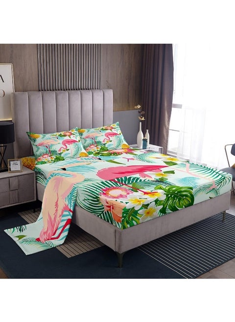 Feelyou Tropical Flamingo Sheets with Deep Pocket Fitted Sheet King Size, Pink Flamingo Sheet Set Palm Tree Print Sheets with Deep Pocket Fitted Sheet Botanical Bedding Set with 2 Pillow Case