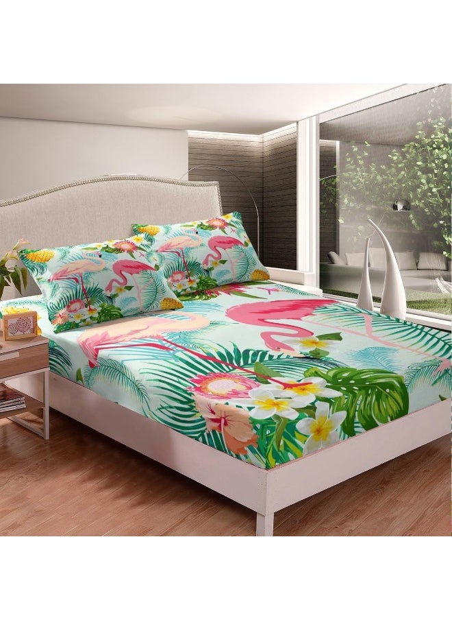 Feelyou - Feelyou Tropical Flamingo Sheets with Deep Pocket Fitted Sheet King Size, Pink Flamingo Sheet Set Palm Tree Print Sheets with Deep Pocket Fitted Sheet Botanical Bedding Set with 2 Pillow Case - Image 1