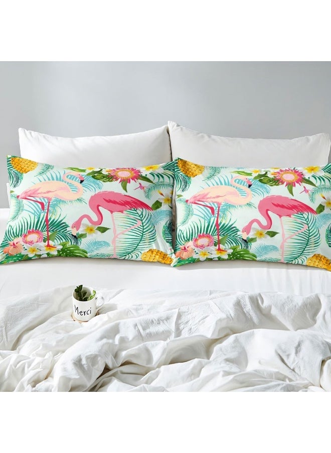 Feelyou - Feelyou Tropical Flamingo Sheets with Deep Pocket Fitted Sheet King Size, Pink Flamingo Sheet Set Palm Tree Print Sheets with Deep Pocket Fitted Sheet Botanical Bedding Set with 2 Pillow Case - Image 1