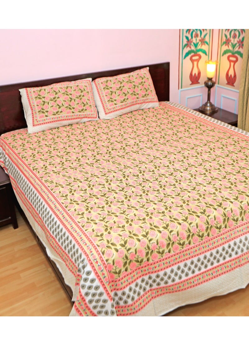 PAHI PAHI Pure Cotton Hand Block Bedsheet, King size, FLORAL BEDSHEET, 228/278 CMS, HAND BLOCK PRINTED, JAIPURI  - Image 2