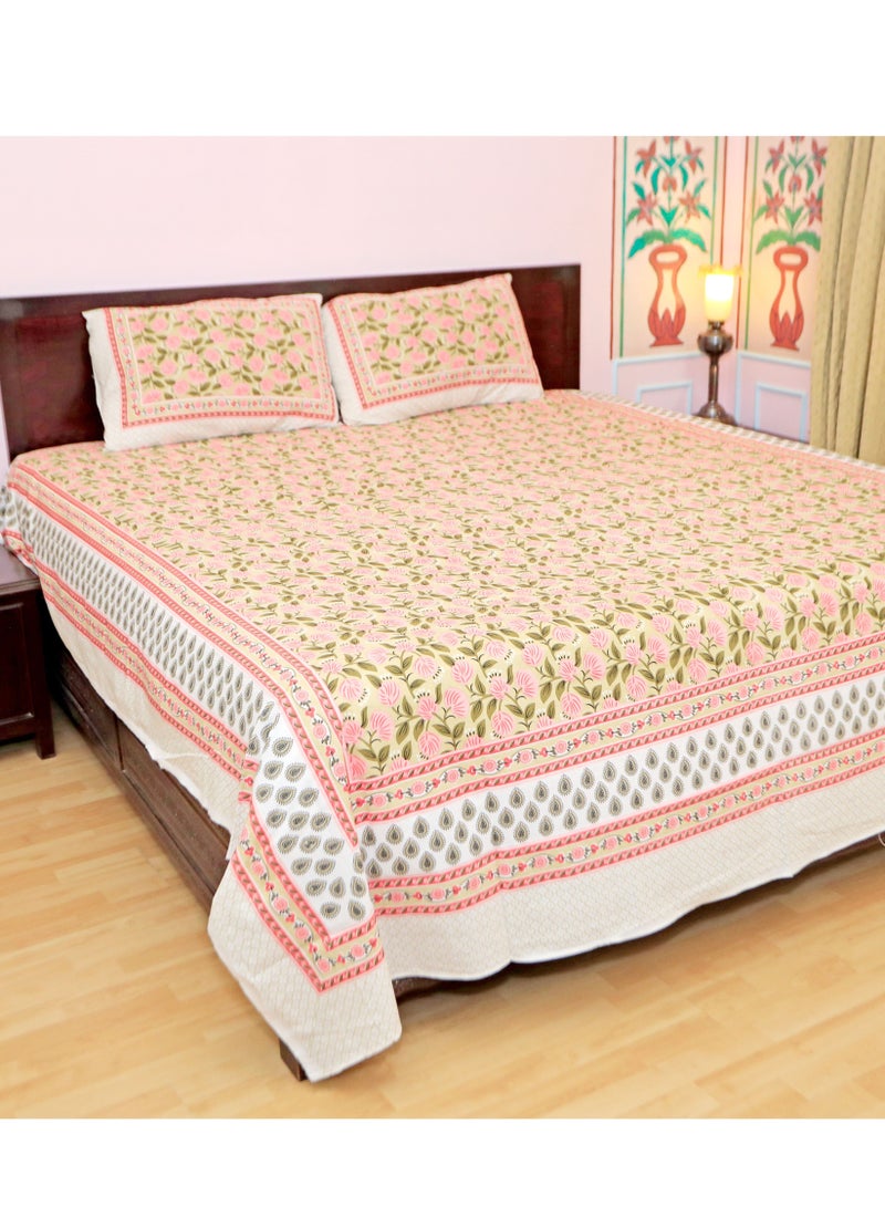 PAHI PAHI Pure Cotton Hand Block Bedsheet, King size, FLORAL BEDSHEET, 228/278 CMS, HAND BLOCK PRINTED, JAIPURI  - Image 1
