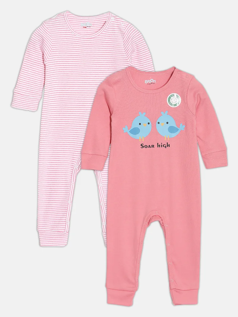 Broon Broon Infant Girls Pink and Dusty Pink Printed Organic Cotton Sleepsuit Pack of 2