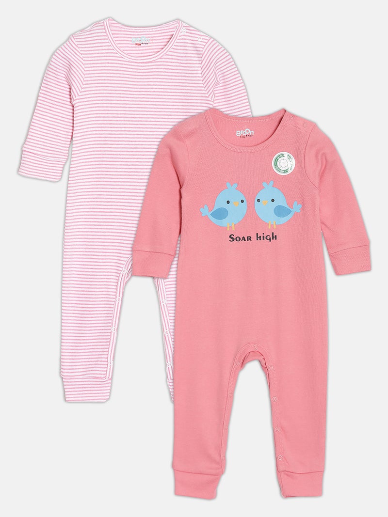 Broon Infant Girls Pink and Dusty Pink Printed Organic Cotton Sleepsuit Pack of 2 - Image 1