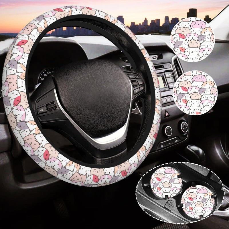 Gwwens Cute Cat Steering Wheel Cover for Women Universal Auto Steering Wheel 1415 Inch Car Interior Accessories with 2PCS Car Coasters Suitable for Men and Women - Image 3