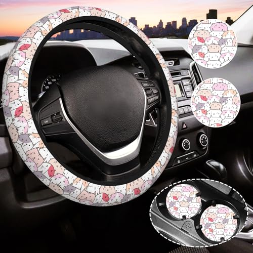 Gwwens Cute Cat Steering Wheel Cover for Women Universal Auto Steering Wheel 1415 Inch Car Interior Accessories with 2PCS Car Coasters Suitable for Men and Women - Image 1