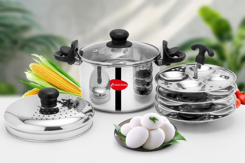 KLASSI KICHEN Klassi Kichen Stainless Steel Pasta/Noodle Pot with Strainer Lid and 4 Idli Plates Induction & Standard Idli Maker  - Image 1