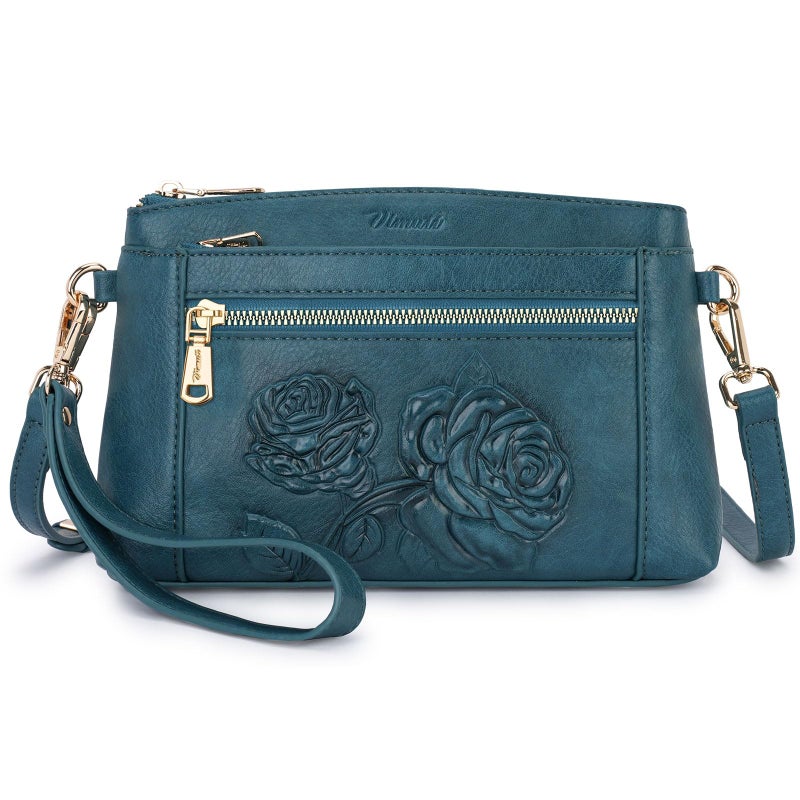VIMUTI Vegan Leather Wristlet Wallet Purse for Women Small Clutch Purse with 2 Straps,Embossed Crossbody Cell Phone bag (Peacock-Blue) - Image 1