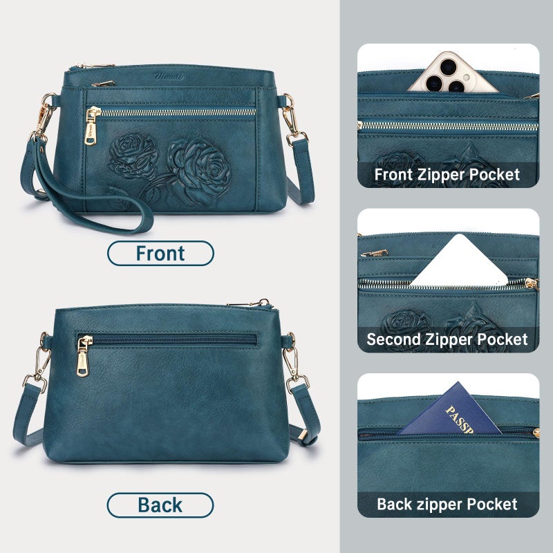 VIMUTI Vegan Leather Wristlet Wallet Purse for Women Small Clutch Purse with 2 Straps,Embossed Crossbody Cell Phone bag (Peacock-Blue) - Image 5