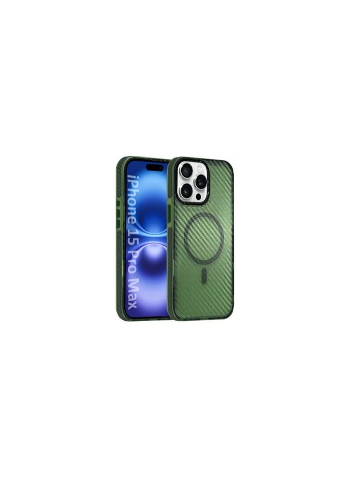 CATANES (for iPhone 15 Pro Max) Magsafe Case Cover Carbon Fiber Magnetic Strong Shockproof Protective Slim Thin Cover Transparent Matte - Green Color - Image 1