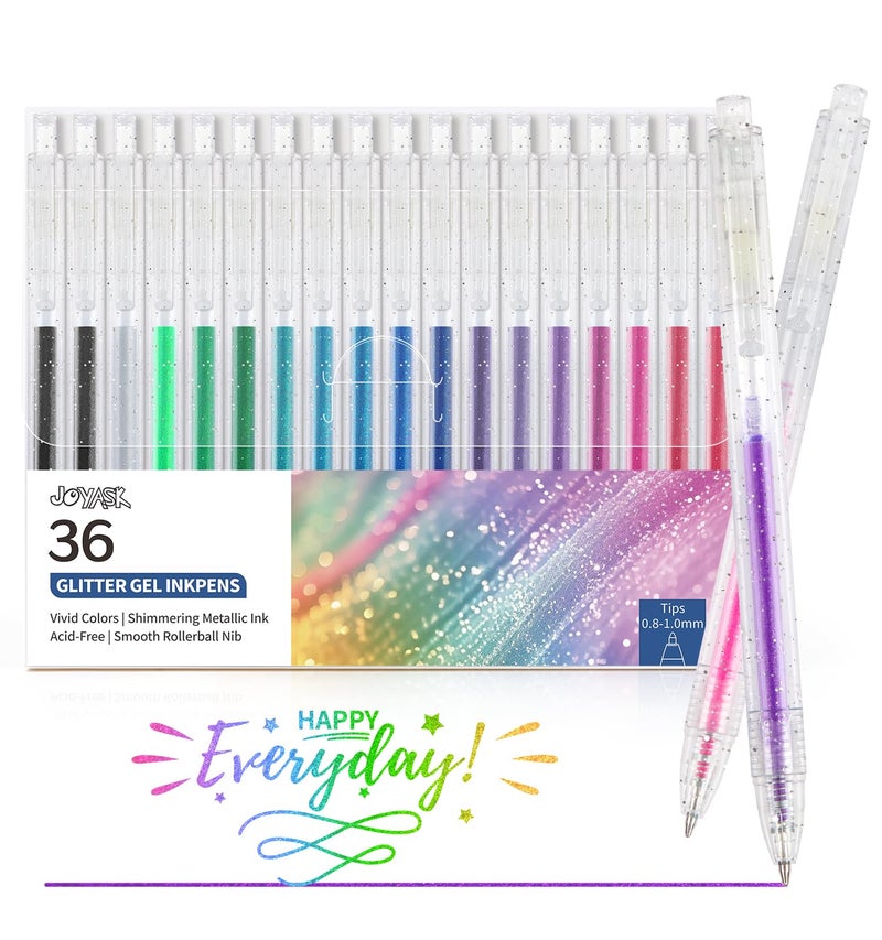 Joyask Glitter Gel Pens, 36 Colors Metallic Vibrant Retractable Sparkle Gel Pens for Coloring Journaling Drawing Doodling Colored Pen Colored Gel Pens for Kids Adult Fun Pens 0.8-1mm - Image 1