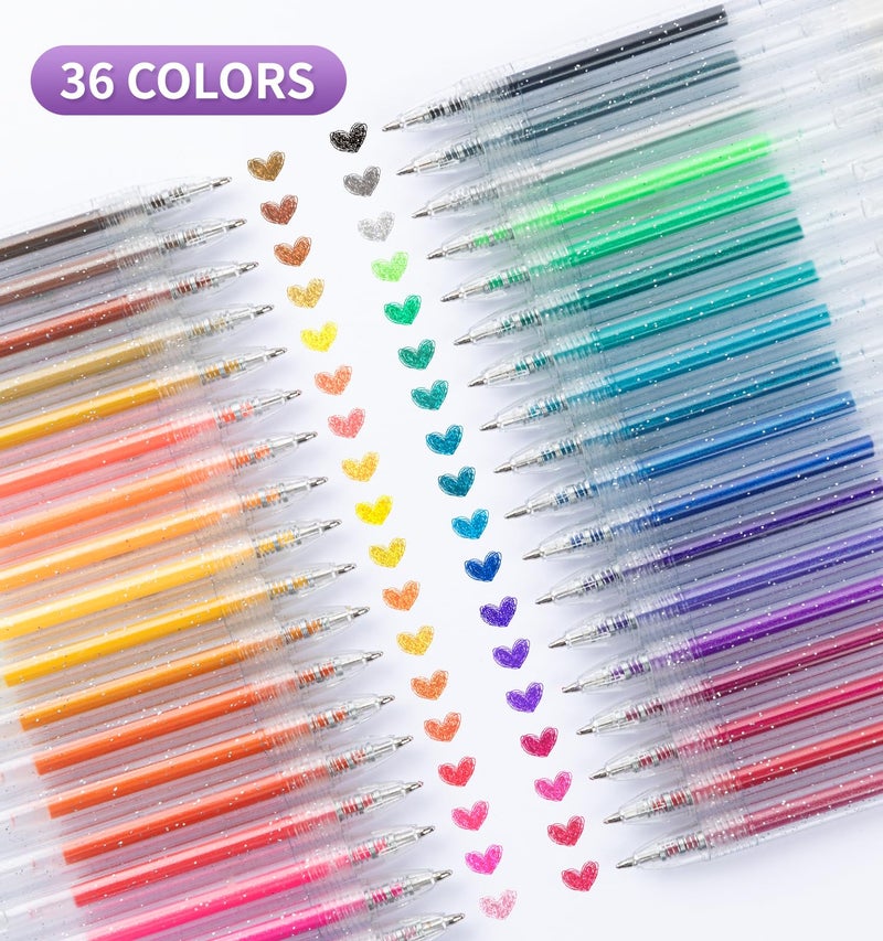 Joyask Glitter Gel Pens, 36 Colors Metallic Vibrant Retractable Sparkle Gel Pens for Coloring Journaling Drawing Doodling Colored Pen Colored Gel Pens for Kids Adult Fun Pens 0.8-1mm - Image 2