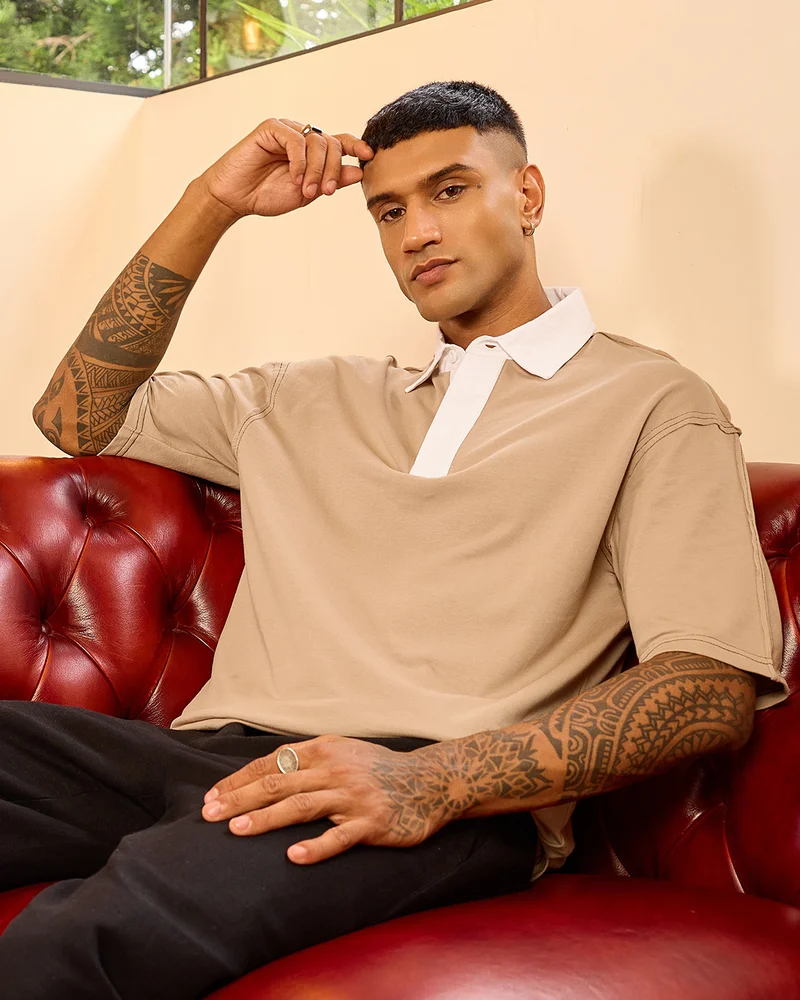 bewakoof Men's Ginger Root Brown Oversized Polo T-shirt