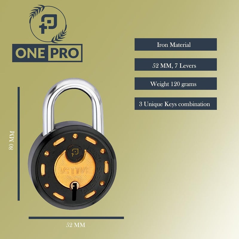 ONEPRO Azco Round Locks Multiple Keys Padlocks 52mm 65mm Steel Levers Double Locking, Strong Hardened Shackle Lock and Key for Home Door Shutter Shop Office Main Gate (3 Keys 50mm Black Pack 1) - Image 3