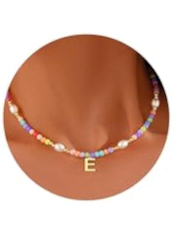 قلادة لطيفة من الخرز بتصميم الحرف الاول من الاسم للبنات من بوكستكس، قلادة عصرية انيقة من اللؤلؤ الملون للنساء والفتيات المراهقات، مصنوعة يدويا ومطلية بالذهب عيار 14 قيراط بتصميم بوهيمي، هدايا مجوهرات - Image 1