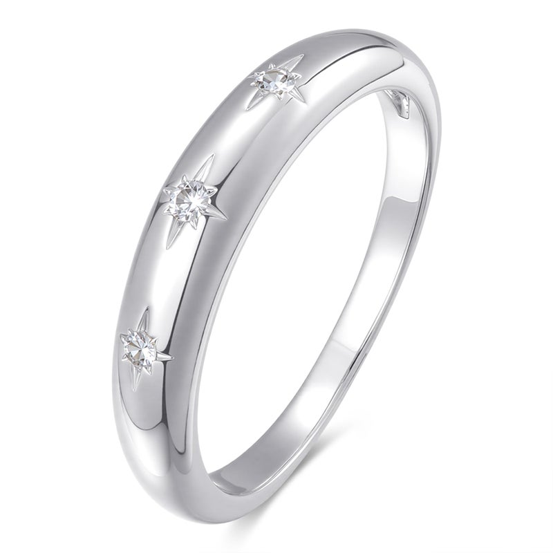 LEMON GRASS Rhodium Plated Thin Star Dome Ring | Celestial Starbust Signet Ring for Women | Women's Stacking Band Dome Design Size 8 - Image 1