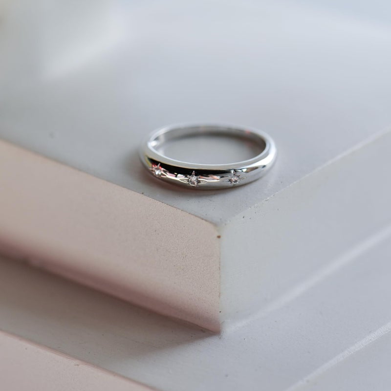 LEMON GRASS Rhodium Plated Thin Star Dome Ring | Celestial Starbust Signet Ring for Women | Women's Stacking Band Dome Design Size 8 - Image 5