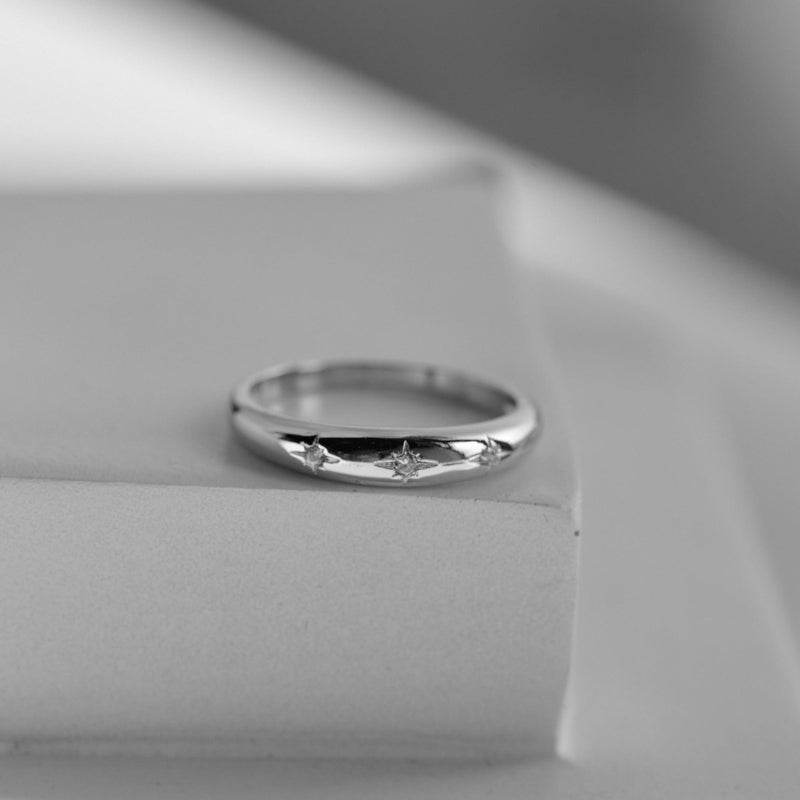 LEMON GRASS Rhodium Plated Thin Star Dome Ring | Celestial Starbust Signet Ring for Women | Women's Stacking Band Dome Design Size 8 - Image 4