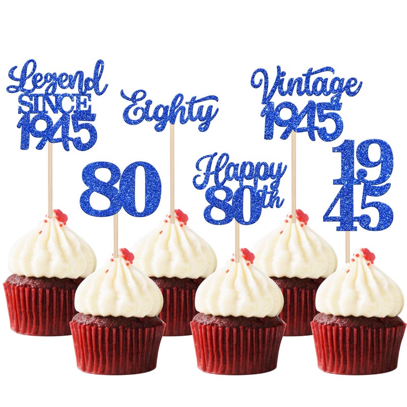 RSSTARXI 48 Pack Happy 80th Cupcake Topcake Toppers Eighty Legend منذ عام 1945 خمر 1945 Cupcake يختار هتافات إلى 80 ديكورات كعكة رائعة لعيد الميلاد الثمانين حفل زفاف ديكورز الأزرق - Image 1