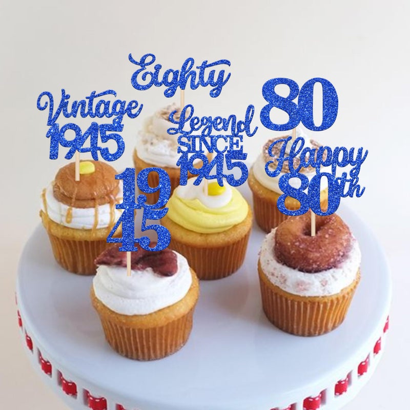 RSSTARXI 48 Pack Happy 80th Cupcake Topcake Toppers Eighty Legend منذ عام 1945 خمر 1945 Cupcake يختار هتافات إلى 80 ديكورات كعكة رائعة لعيد الميلاد الثمانين حفل زفاف ديكورز الأزرق - Image 5