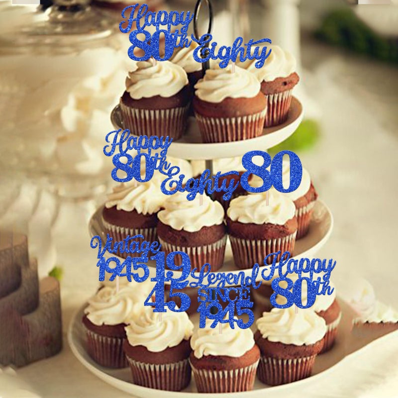 RSSTARXI 48 Pack Happy 80th Cupcake Topcake Toppers Eighty Legend منذ عام 1945 خمر 1945 Cupcake يختار هتافات إلى 80 ديكورات كعكة رائعة لعيد الميلاد الثمانين حفل زفاف ديكورز الأزرق - Image 4