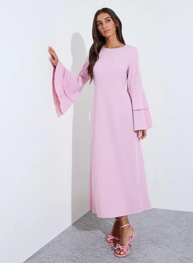 Pink Solid Bell Ruffled Sleeves A-Line Maxi Dress