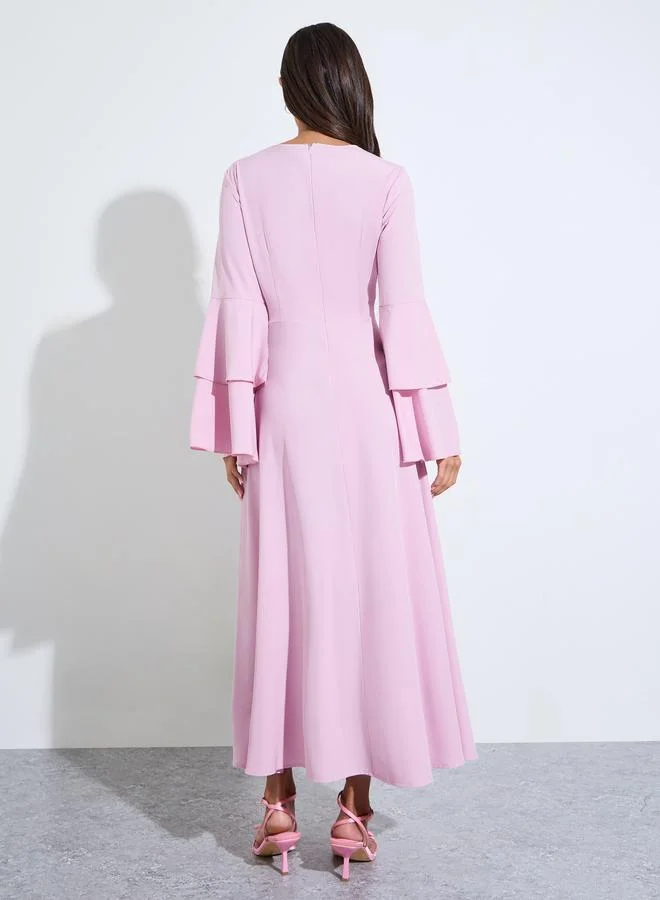 Styli  Pink Solid Bell Ruffled Sleeves A-Line Maxi Dress for Women | Best Price UAE