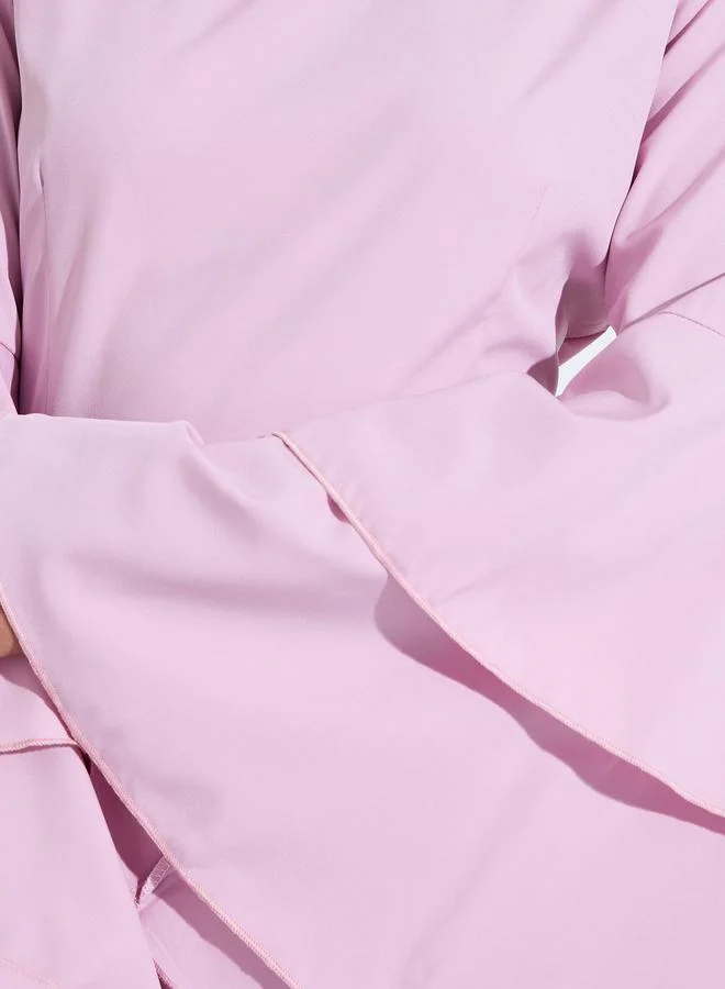 Styli  Pink Solid Bell Ruffled Sleeves A-Line Maxi Dress for Women | Best Price UAE