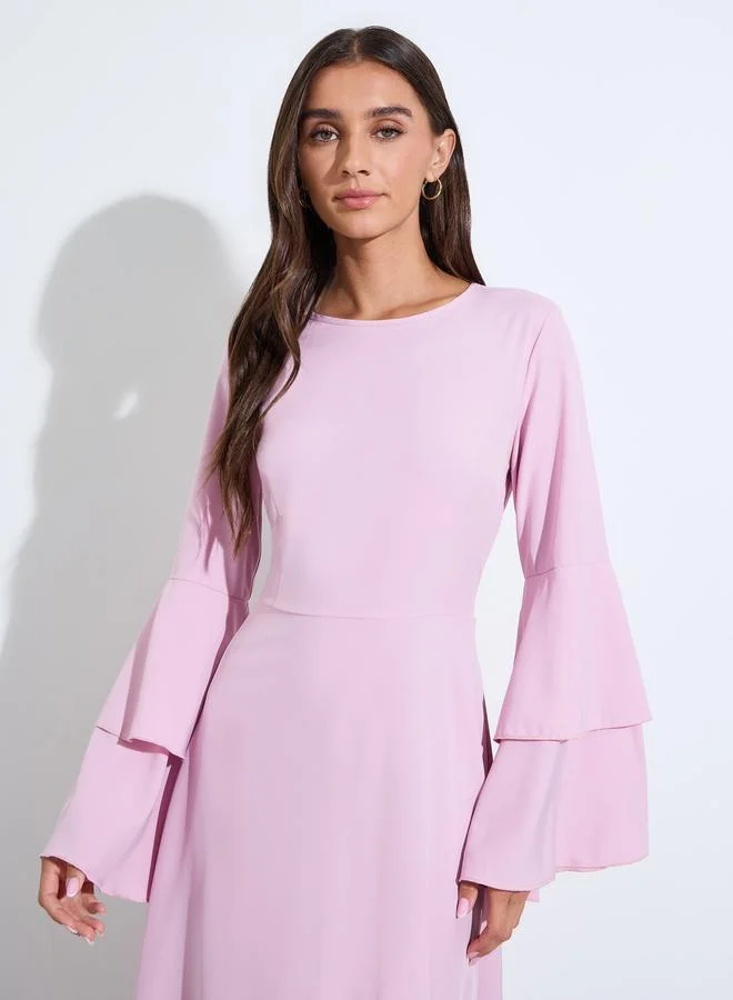 Styli  Pink Solid Bell Ruffled Sleeves A-Line Maxi Dress for Women | Best Price UAE