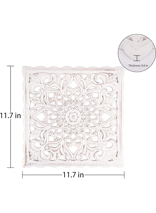 إيروريكس لوحة جدارية خشبية منحوتة لتزيين الحائط، لوحة جدارية خشبية منحوتة مزخرفة بنقوش زهرية بيضاء باهتة لغرفة المعيشة وغرفة النوم مقاس 12 بوصة × 12 بوصة - Image 2