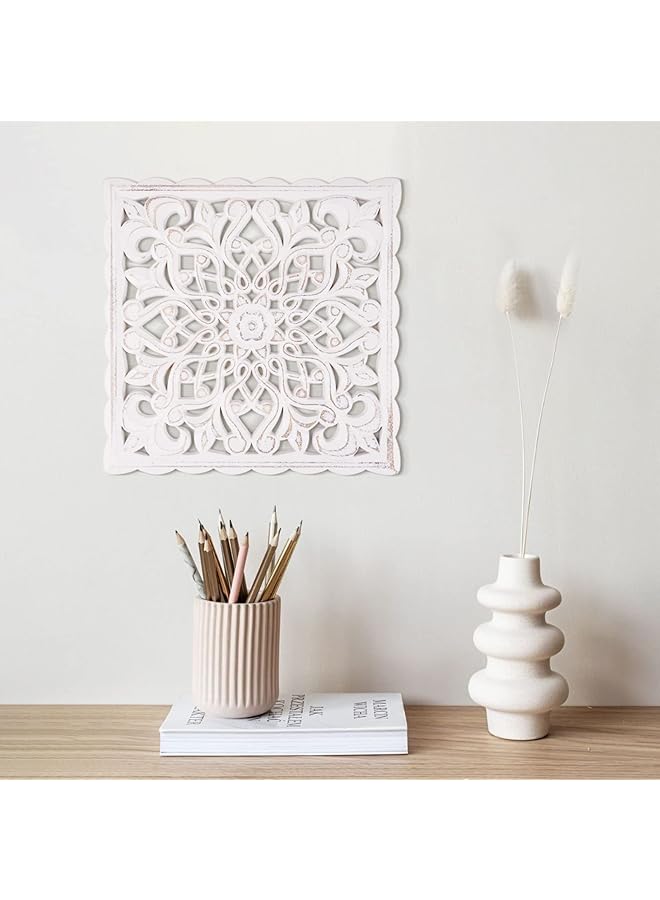 إيروريكس لوحة جدارية خشبية منحوتة لتزيين الحائط، لوحة جدارية خشبية منحوتة مزخرفة بنقوش زهرية بيضاء باهتة لغرفة المعيشة وغرفة النوم مقاس 12 بوصة × 12 بوصة - Image 5