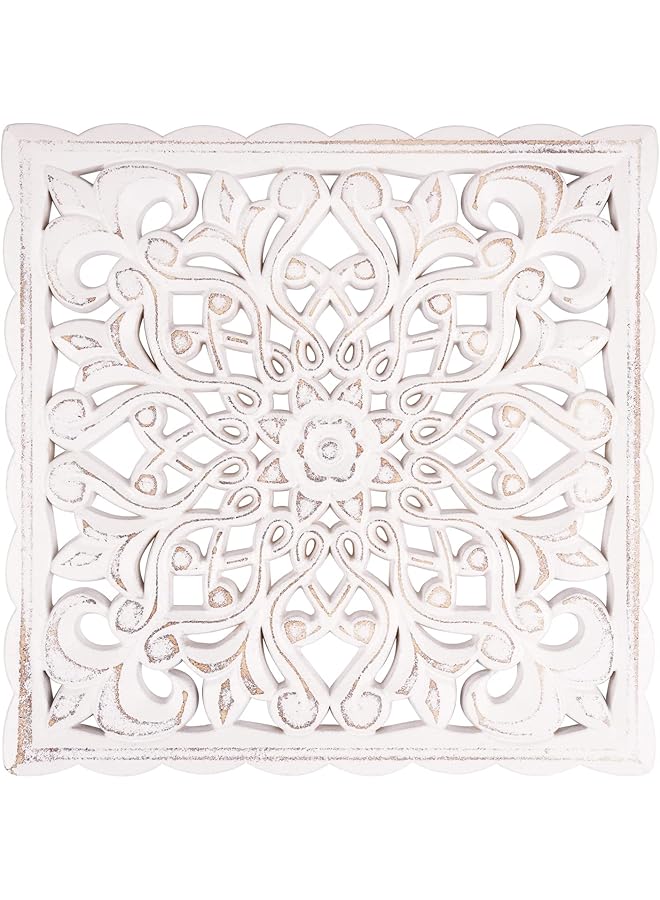 إيروريكس لوحة جدارية خشبية منحوتة لتزيين الحائط، لوحة جدارية خشبية منحوتة مزخرفة بنقوش زهرية بيضاء باهتة لغرفة المعيشة وغرفة النوم مقاس 12 بوصة × 12 بوصة - Image 1