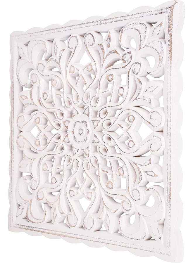 إيروريكس لوحة جدارية خشبية منحوتة لتزيين الحائط، لوحة جدارية خشبية منحوتة مزخرفة بنقوش زهرية بيضاء باهتة لغرفة المعيشة وغرفة النوم مقاس 12 بوصة × 12 بوصة - Image 4