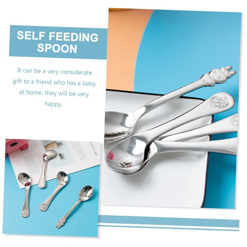 Stainless Steel Feeding Spoon Left Bent Handle Smooth Edges Animal Engraving Toddler Utensil - Image 3