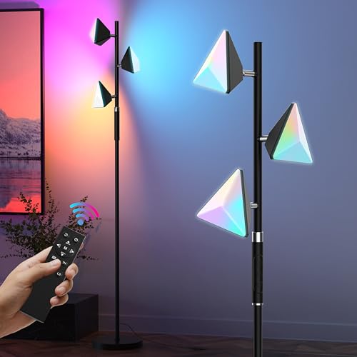 PARTPHONER RGB Tree Floor Lamp for Living Room, Stepless Dimmable Tall Standing Lamp with Remote, Touch Control and 3 Rotatable Light, Bright LED Lights for Bedroom with 4 Color-Changing, Black - Image 1